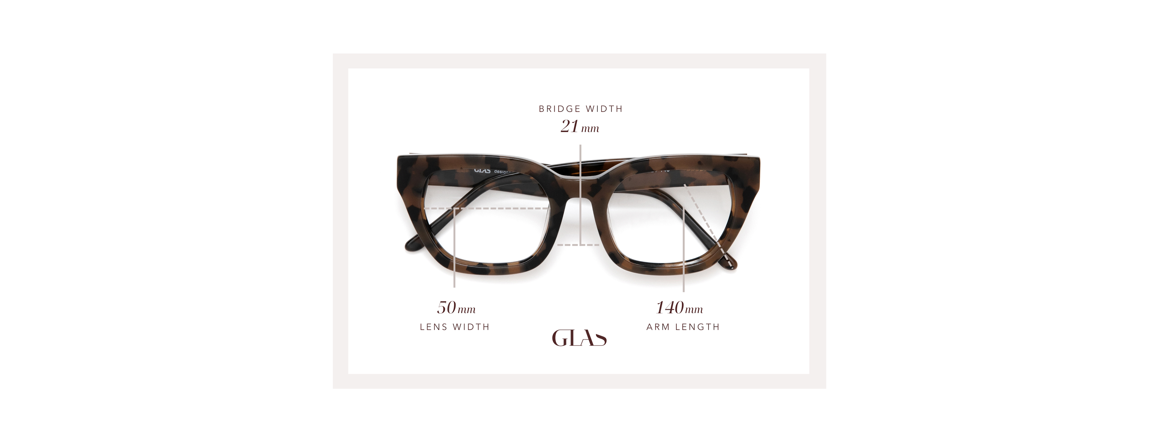 A labelled diagram of how to measure glasses, including lens width, bridge width and arm length